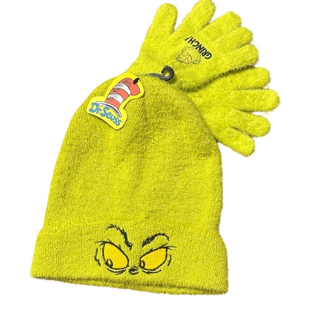 Dr. Seuss Grinch Youth Big Kid FUZZY Beanie Winter Hat & Gloves Set OS Green NEW